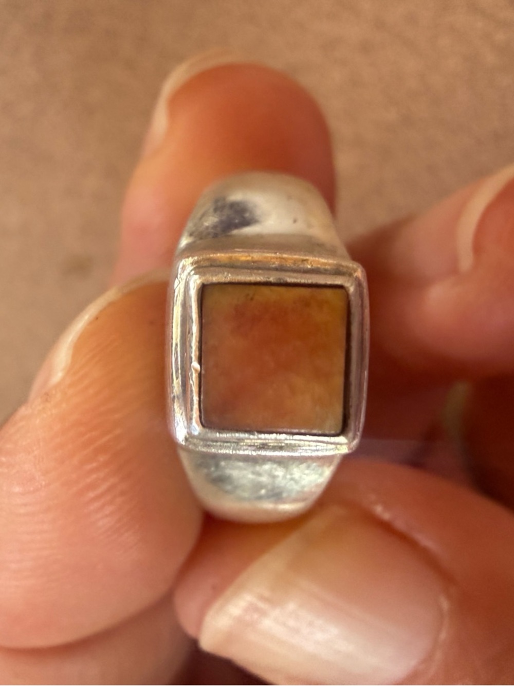 Sterling Silver Ring with Square light Orange Carnelian Stone
